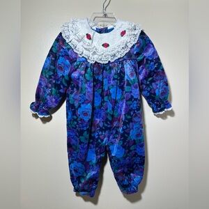 Vintage 90s Girls Floral Velvety One Piece Jumpsuit L Sleeve 18 Months Boutique